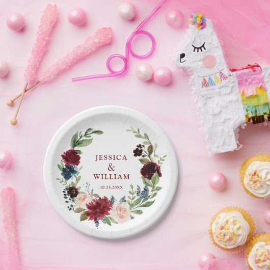 Burgund Navy Blush Bloral Rustikale Hochzeit Pappteller (Party)