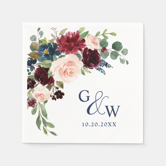 Burgund Navy Blush Bloral Rustikale Hochzeit Serviette (Vorderseite)