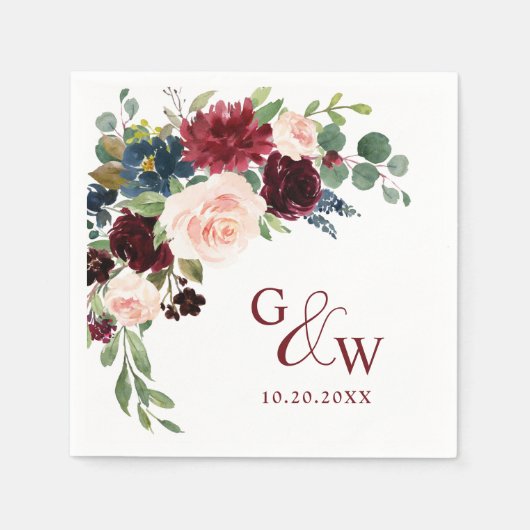 Burgund Navy Blush Bloral Rustikale Hochzeit Serviette (Vorderseite)