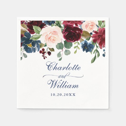 Burgund Navy Blush Bloral Rustikale Hochzeit Serviette (Vorderseite)