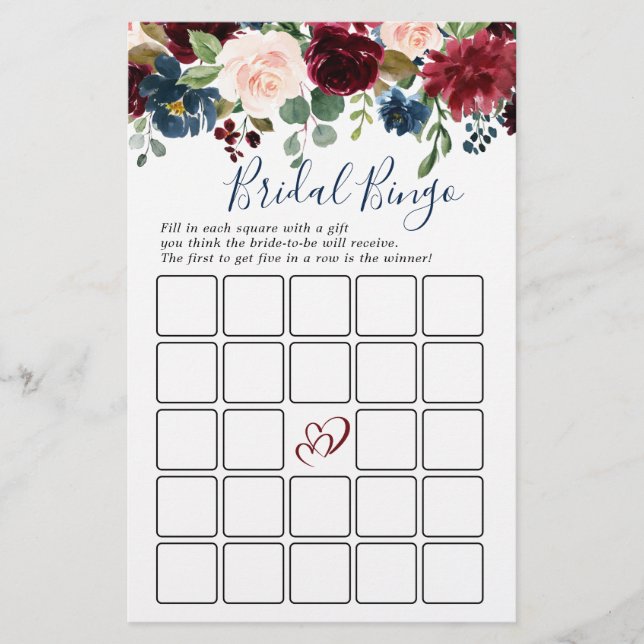 Burgund Navy Blush Blume Brautparty Games (Vorderseite)