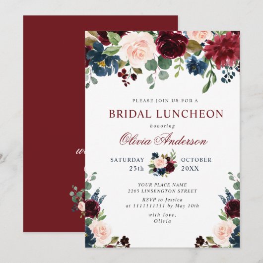Burgund Navy Blush Blume BRIDAL LUNCHEON Einladung (Vorne/Hinten)