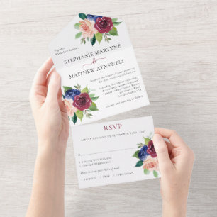 Burgund-Navy-Blush-Blumen-Herbsthochzeit All In One Einladung
