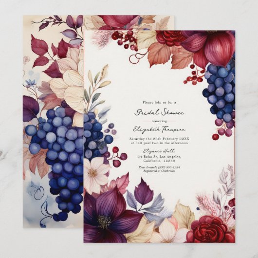 Burgund, Navy & Blush Boho Weinprobe Dusche Einladung (Vorne/Hinten)