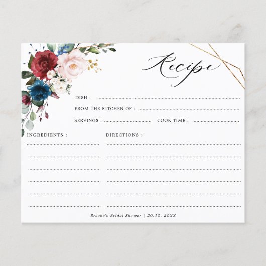 Burgund Navy Blush Brautparty Rezept Card (Vorderseite)