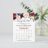 Burgund Navy Blush Floral Ändern Datum Postkarte (Stehend Vorderseite)