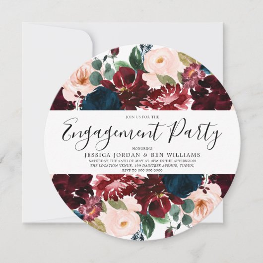 Burgund Navy Blush Floral Engagement Party Einladung (Vorderseite)