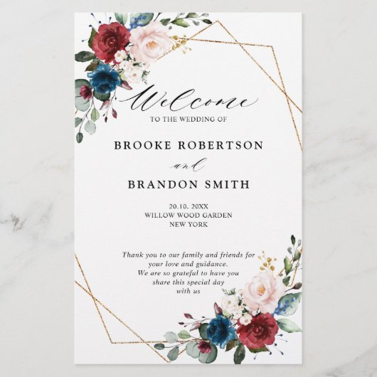 Burgund Navy Blush Floral Gold Hochzeitsprogramm (Vorderseite)