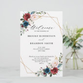 Burgund Navy Blush Floral Gold Hochzeitsprogramm (Stehend Vorderseite)