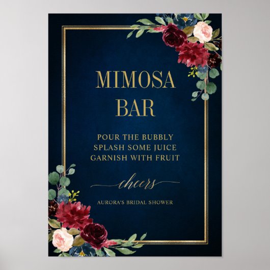 Burgund Navy Blush Floral Gold Mimosa Bar Poster (Vorne)