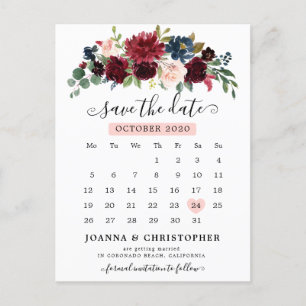 Burgund Navy Blush Floral Save the Date Postkarte