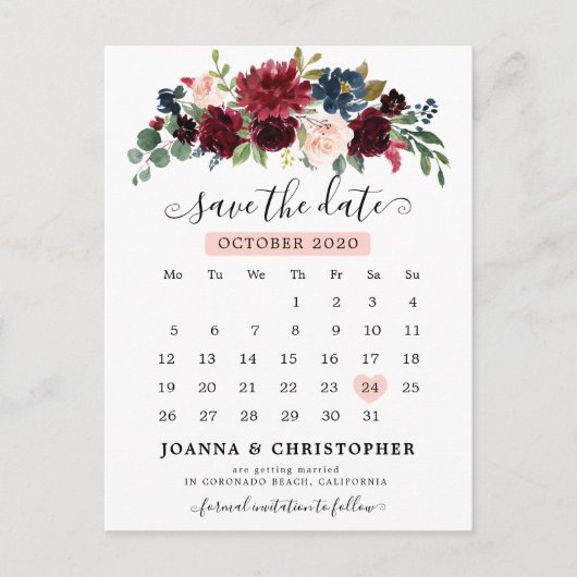 Burgund Navy Blush Floral Save the Date Postkarte (Vorderseite)