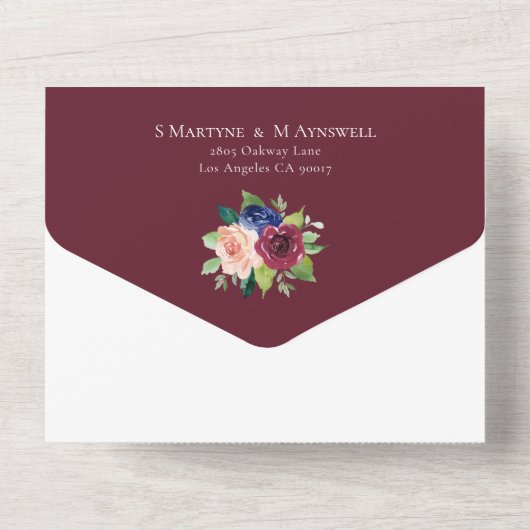 Burgund Navy Blush Hochzeit im Herbst All In One Einladung (Rückseite)