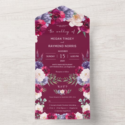 Burgund Navy Blush Moderne Blütenalter Hochzeit All In One Einladung (Innen Boden)