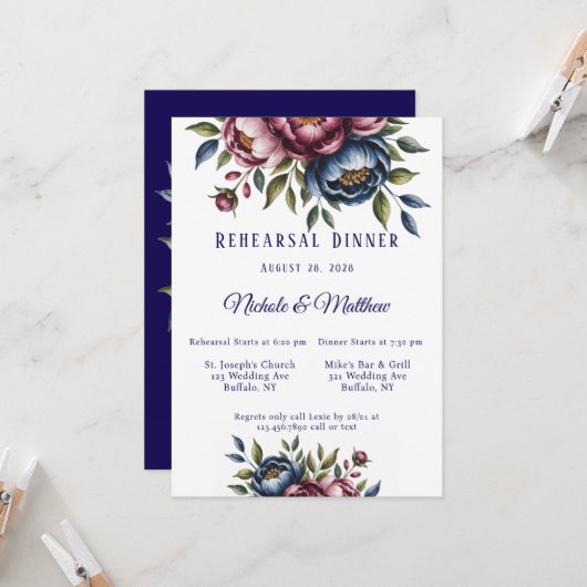 Burgund Navy & Blush Peony Probe Dinner Einladung (Vorderseite/Rückseite Beispiel)