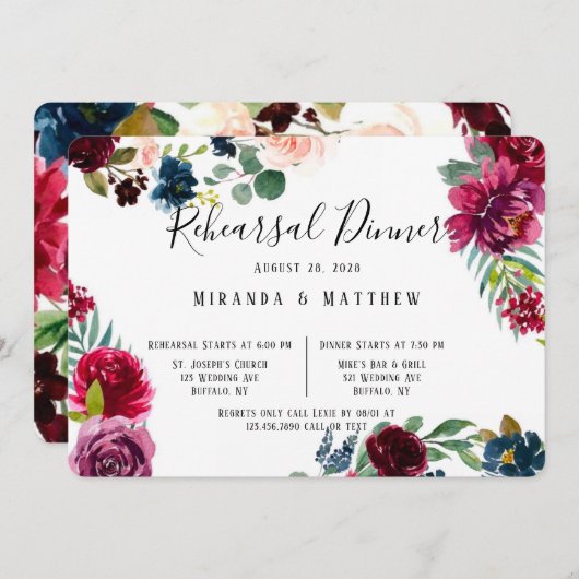 Burgund Navy Blush Peony Probe Dinner Einladung (Vorne/Hinten)