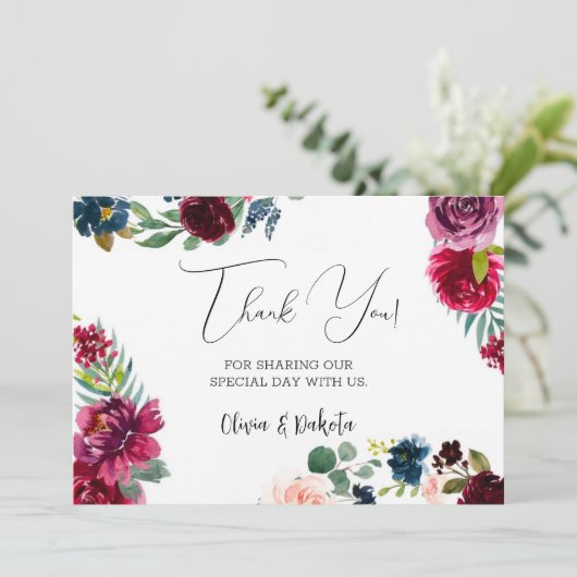 Burgund Navy Blush Peony Wedding Danke Karten (Stehend Vorderseite)