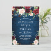 Burgund Navy Blush Rustikale Blumenhochzeit Einladung (Stehend Vorderseite)