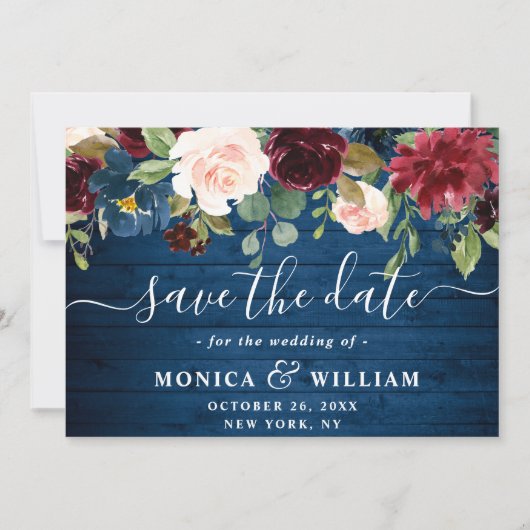 Burgund Navy Blush Rustikale Blumenhochzeit Save The Date (Vorderseite)