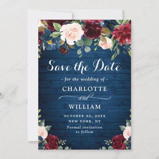 Burgund Navy Blush Rustikale Blumenhochzeit Save The Date (Vorderseite)
