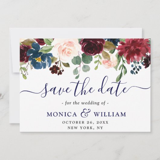 Burgund Navy Blush Rustikale Blumenhochzeit Save The Date (Vorderseite)