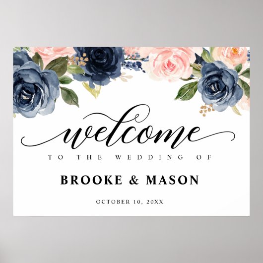 Burgund Navy Blush Rustikale Hochzeit Willkommen Poster (Vorne)