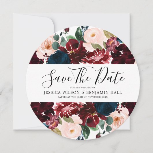 Burgund Navy Blush Watercolor-Blume Save The Date (Vorderseite)