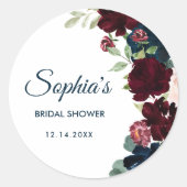 Burgund & Navy Blüten Rustikales Brautparty Runder Aufkleber (Vorderseite)
