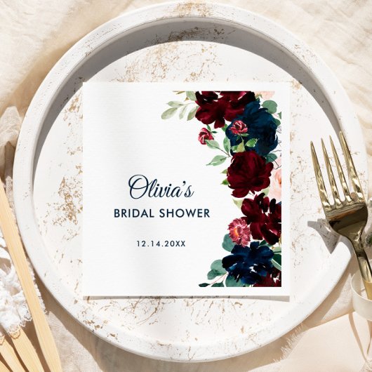 Burgund & Navy Blüten Rustikales Brautparty Serviette