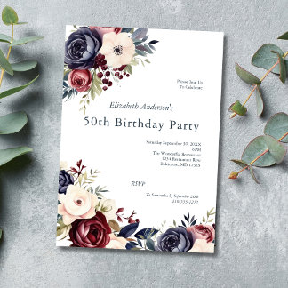 Burgund Navy Creme Floral Aquarell 50 Geburtstag Einladung