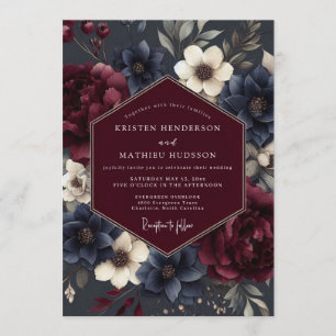 Burgund-Navy-Düstere Flora-Hochzeit Einladung