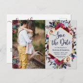 Burgund Navy Floral auf Grau Ankündigungspostkarte (Vorne/Hinten)