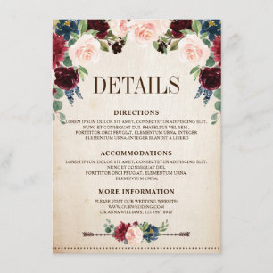 Burgund Navy Floral Boho Country Wedding Begleitkarte