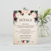 Burgund Navy Floral Boho Country Wedding Begleitkarte (Stehend Vorderseite)