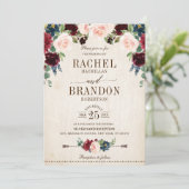 Burgund Navy Floral Boho Country Wedding Einladung (Stehend Vorderseite)