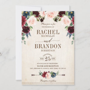 Burgund Navy Floral Boho Country Wedding Einladung