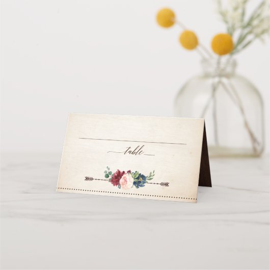 Burgund Navy Floral Boho Country Wedding Platzkarte (Vorderseite)