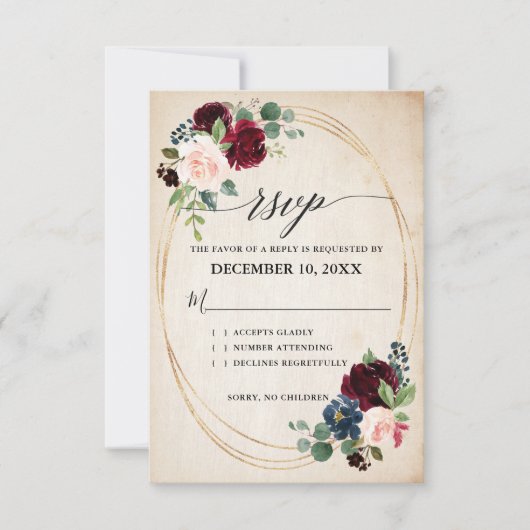 Burgund Navy Floral Boho Country Wedding R RSVP Karte (Vorderseite)