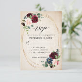 Burgund Navy Floral Boho Country Wedding R RSVP Karte (Stehend Vorderseite)