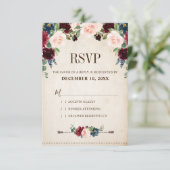 Burgund Navy Floral Boho Country Wedding RSVP Karte (Stehend Vorderseite)
