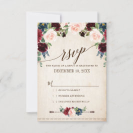 Burgund Navy Floral Boho Country Wedding RSVP Karte