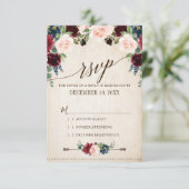 Burgund Navy Floral Boho Country Wedding RSVP Karte (Stehend Vorderseite)