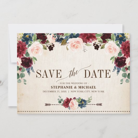 Burgund Navy Floral Boho Country Wedding Save The Date (Vorderseite)