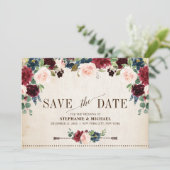 Burgund Navy Floral Boho Country Wedding Save The Date (Stehend Vorderseite)