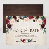 Burgund Navy Floral Boho Country Wedding Save The Date (Vorne/Hinten)