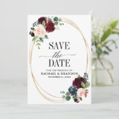 Burgund Navy Floral Boho Country Wedding Save The Date (Stehend Vorderseite)