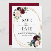 Burgund Navy Floral Boho Country Wedding Save The Date (Vorne/Hinten)