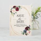 Burgund Navy Floral Boho Country Wedding Save The Date (Stehend Vorderseite)