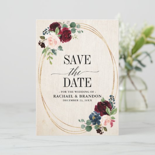Burgund Navy Floral Boho Country Wedding Save The Date (Stehend Vorderseite)