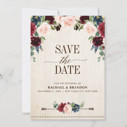 Burgund Navy Floral Boho Country Wedding Save The Date (Vorderseite)